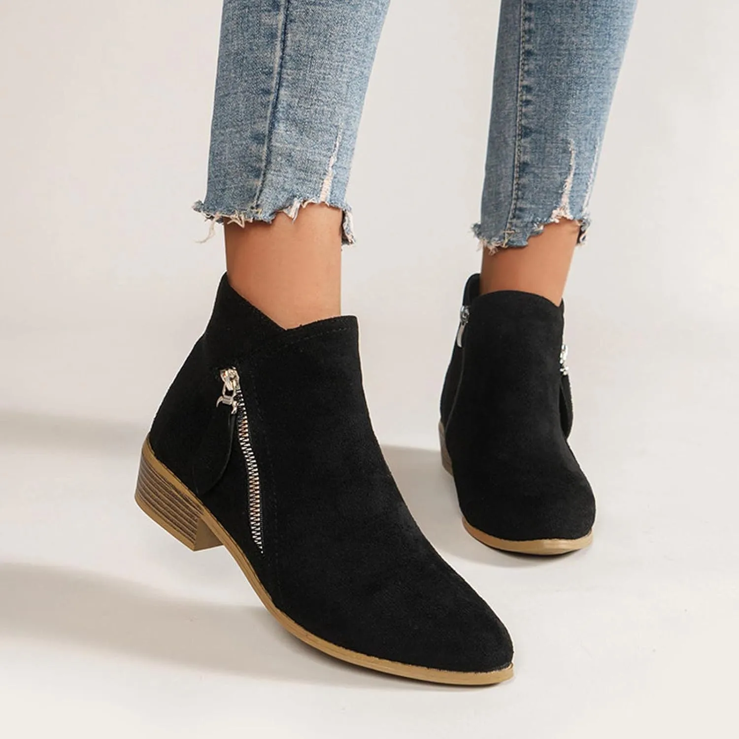 oiangi Womens Boots Fall 2022 Ankle Booties Vintage Slip on Round Toe Side Zipper Chunky Block Mid Heel Booties Solid Casual Comfy Outdoor Ladies Shoes