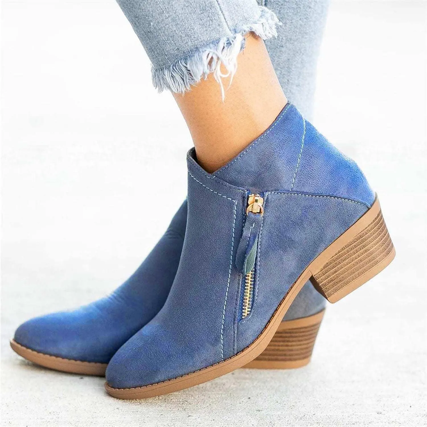 oiangi Womens Boots Fall 2022 Ankle Booties Vintage Slip on Round Toe Side Zipper Chunky Block Mid Heel Booties Solid Casual Comfy Outdoor Ladies Shoes