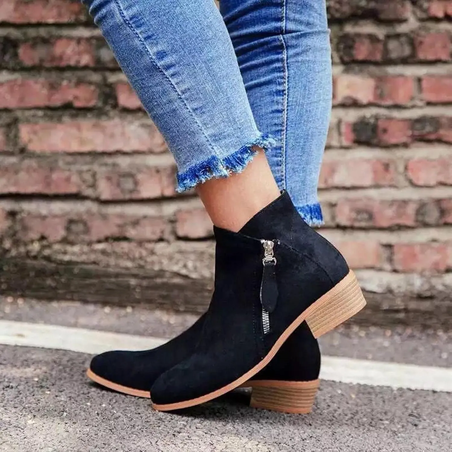 oiangi Womens Boots Fall 2022 Ankle Booties Vintage Slip on Round Toe Side Zipper Chunky Block Mid Heel Booties Solid Casual Comfy Outdoor Ladies Shoes