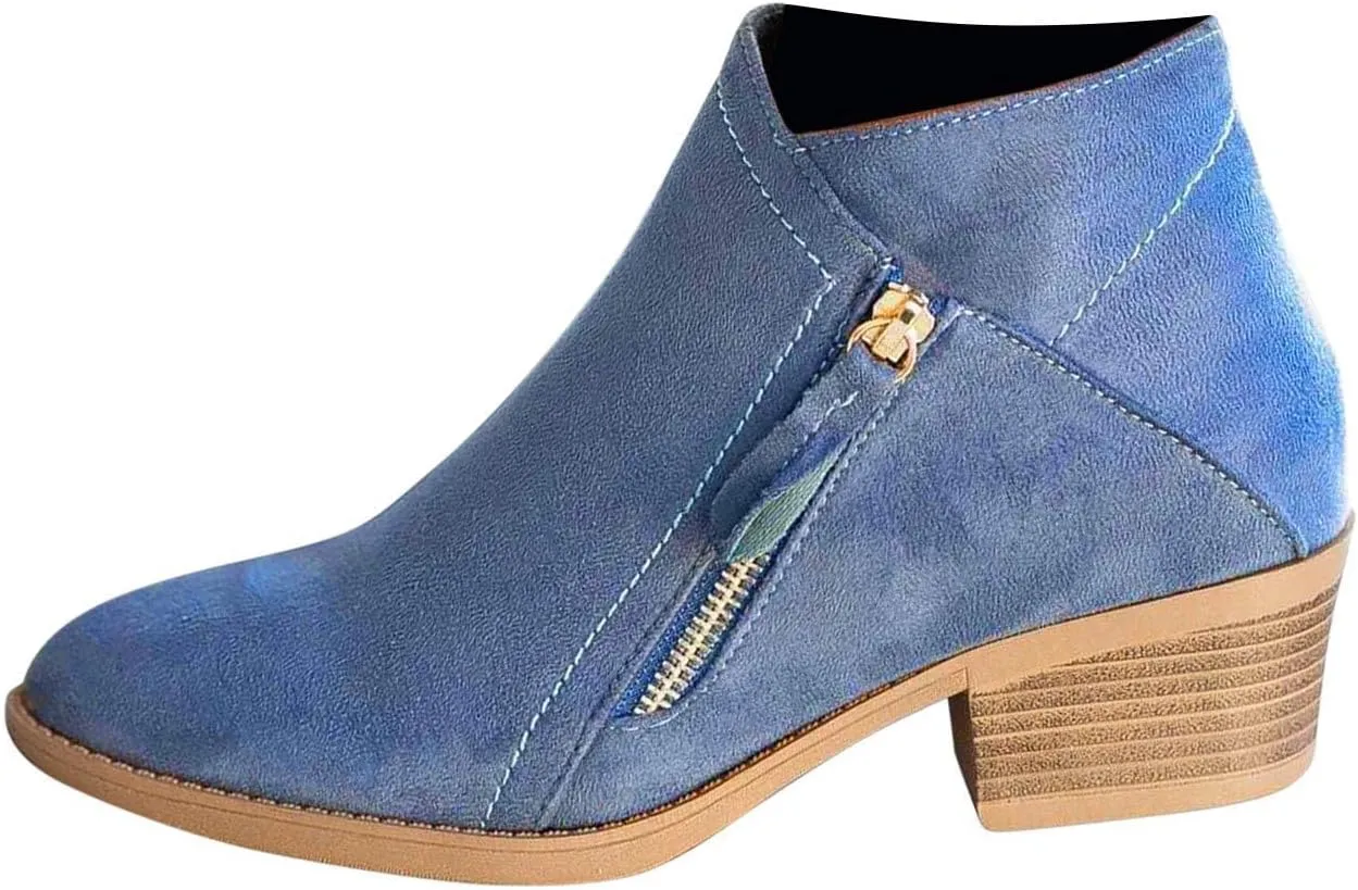 oiangi Womens Boots Fall 2022 Ankle Booties Vintage Slip on Round Toe Side Zipper Chunky Block Mid Heel Booties Solid Casual Comfy Outdoor Ladies Shoes