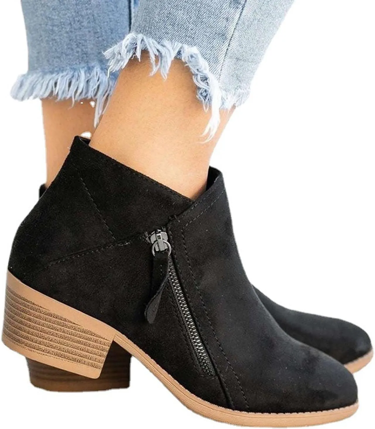 oiangi Womens Boots Fall 2022 Ankle Booties Vintage Slip on Round Toe Side Zipper Chunky Block Mid Heel Booties Solid Casual Comfy Outdoor Ladies Shoes