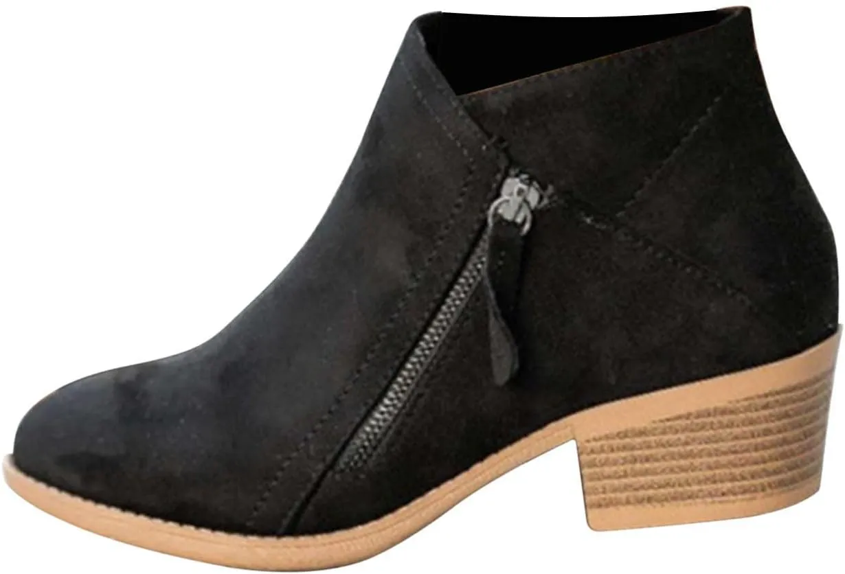 oiangi Womens Boots Fall 2022 Ankle Booties Vintage Slip on Round Toe Side Zipper Chunky Block Mid Heel Booties Solid Casual Comfy Outdoor Ladies Shoes