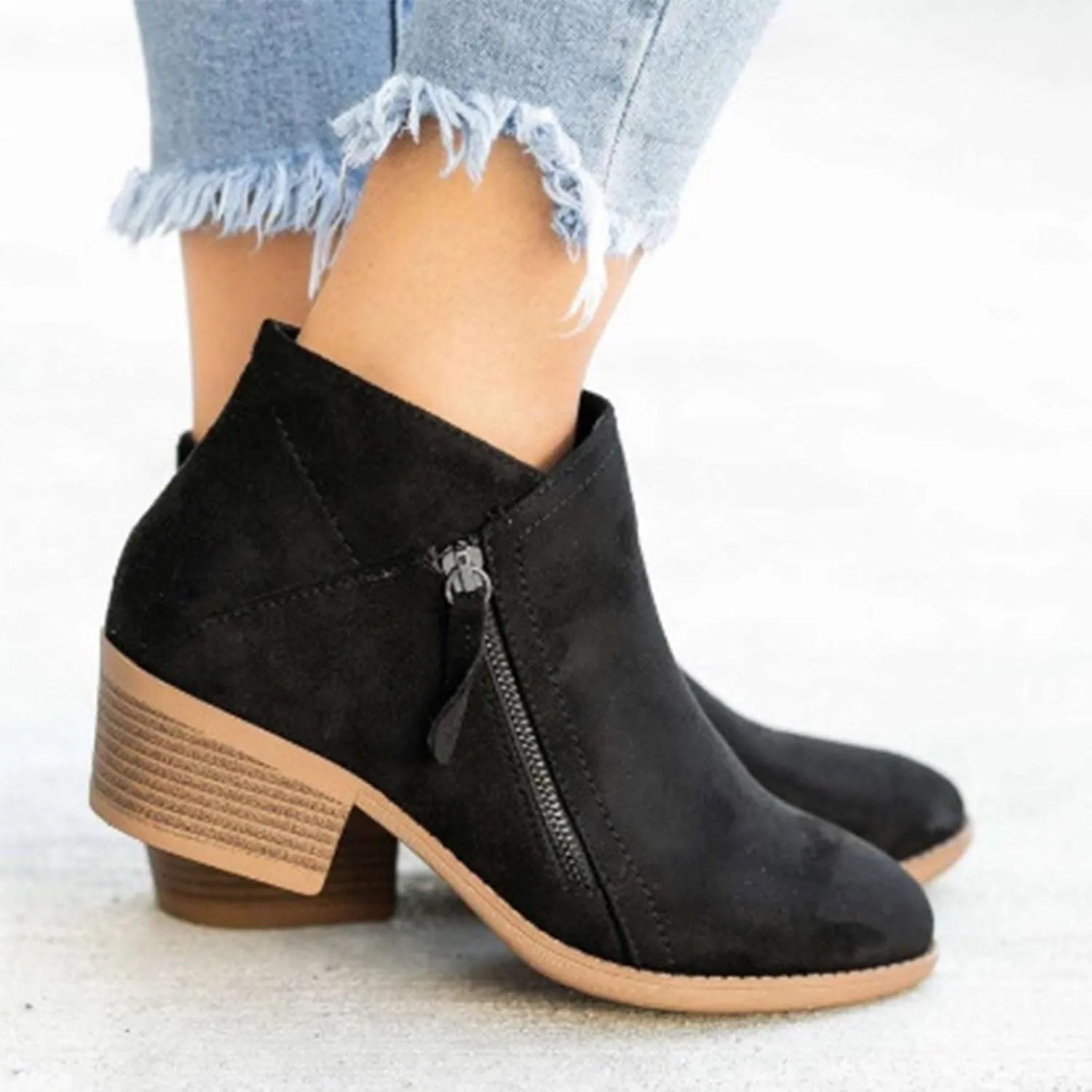 oiangi Womens Boots Fall 2022 Ankle Booties Vintage Slip on Round Toe Side Zipper Chunky Block Mid Heel Booties Solid Casual Comfy Outdoor Ladies Shoes