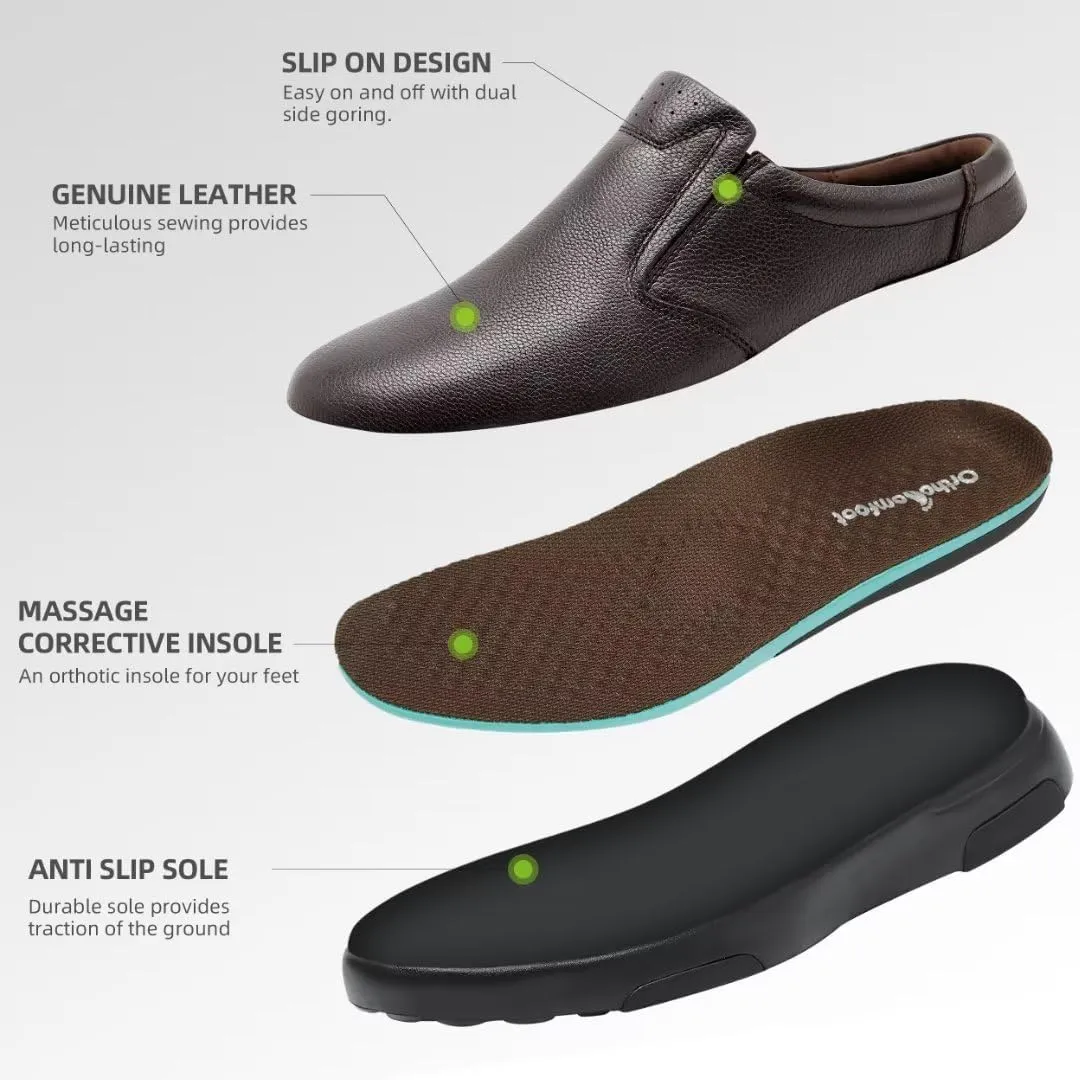 OrthoComfoot Men's Orthopedic Leather Dress Walking Shoes: Comfortable Plantar Fasciitis Loafers with Arch Support for Flat Feet, Casual Business Orthotic Slip-On for Foot and Heel Pain Relief