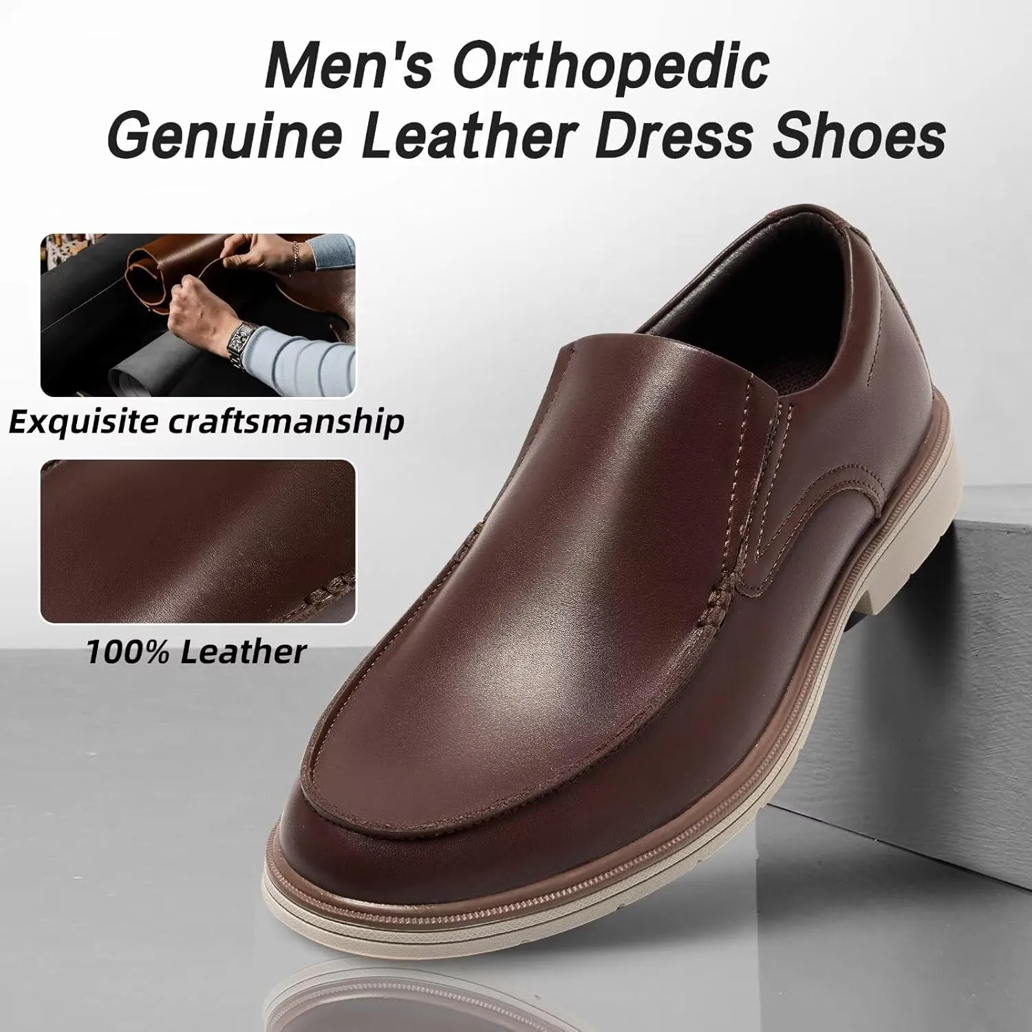 Orthopedic Business Leather Dress Shoes: Comfortable Arch Support Plantar Fasciitis Formal Tuxedo Oxford for Mens, Casual Classic Modern Wingtip Slip On Loafers for Foot and Heel Pain Relief