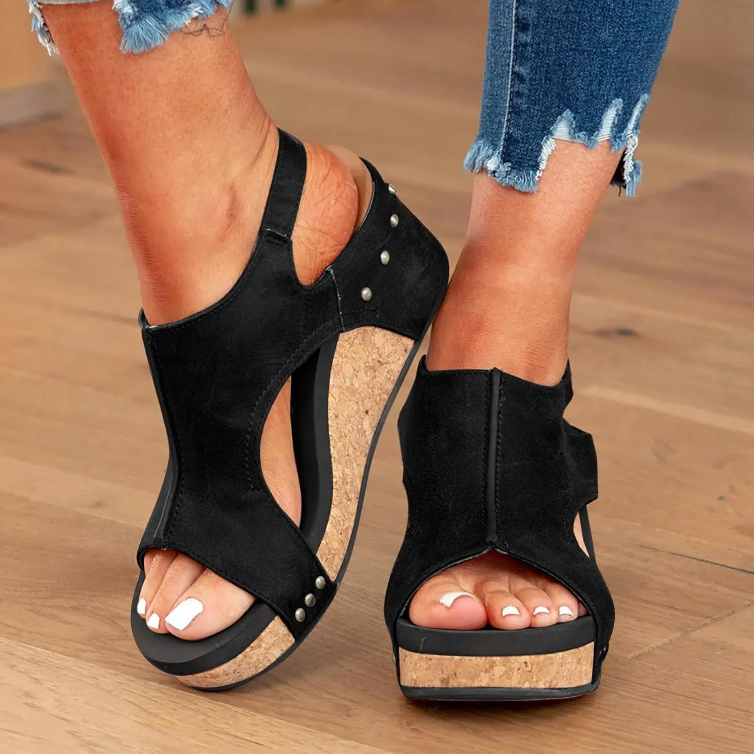 Orthopedic Platform Wedge Sandals for Women Summer Dressy Thick Sole Comfy Leather Wedges Comfortable Cork Platform Sandals Non Slip Summer Slides Casual Dress Shoes