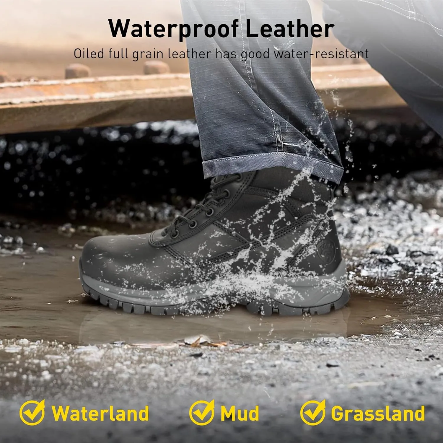 OUXX Mens Work Boots, Side Zipper, Steel Toe Shoes, Anti-Slip Rubber Sole, Puncture-Proof(OX2518)