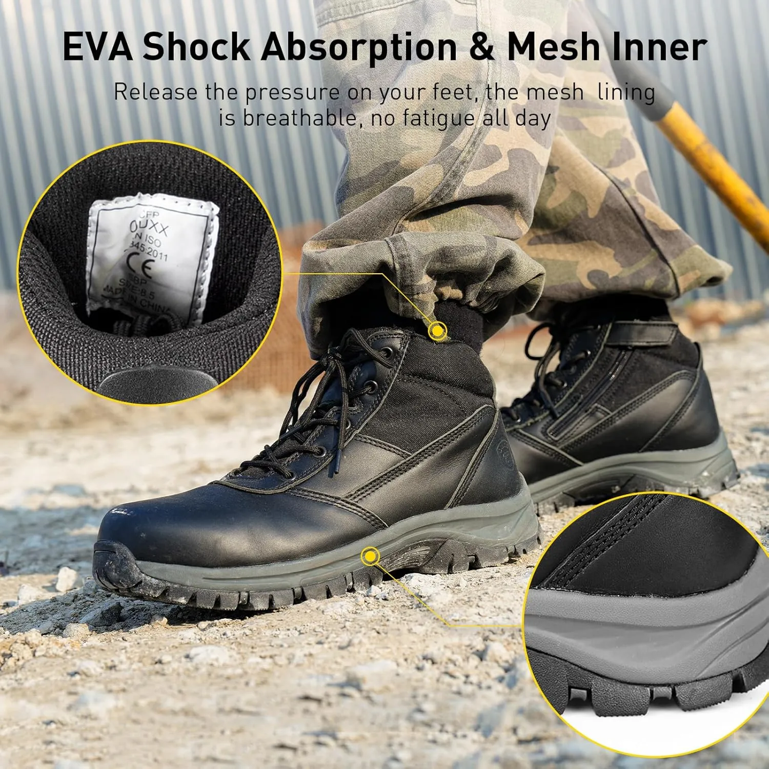 OUXX Mens Work Boots, Side Zipper, Steel Toe Shoes, Anti-Slip Rubber Sole, Puncture-Proof(OX2518)