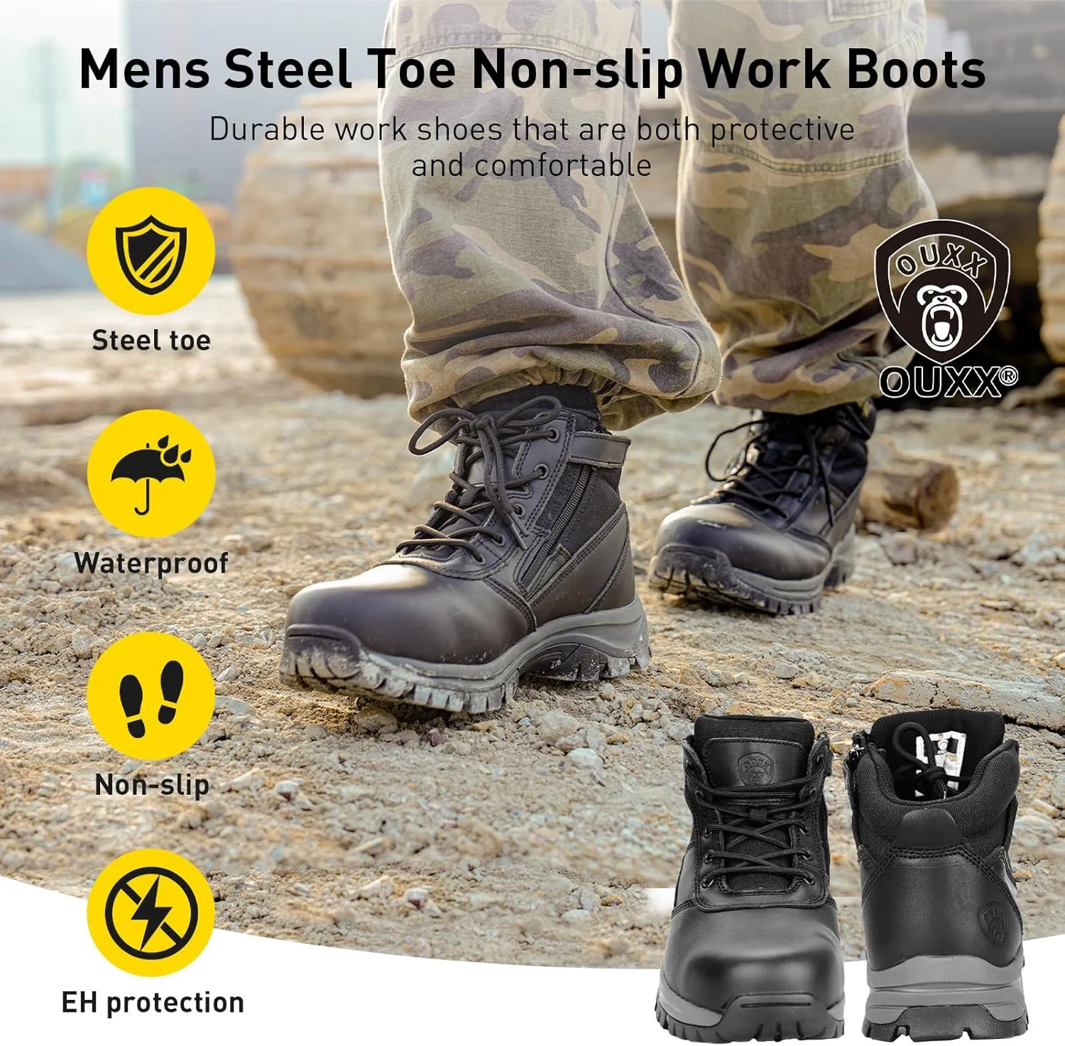 OUXX Mens Work Boots, Side Zipper, Steel Toe Shoes, Anti-Slip Rubber Sole, Puncture-Proof(OX2518)