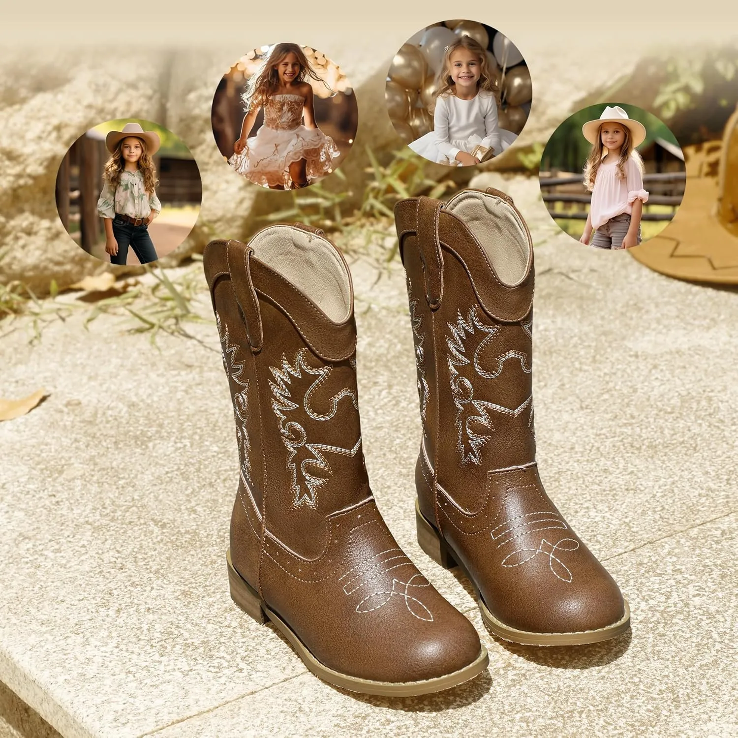 PANDANINJIA Girls Cowboy Boots for Boys Kids Toddler Western Cowgirl Boots Round Toe Mid Calf Riding Shoes Booties