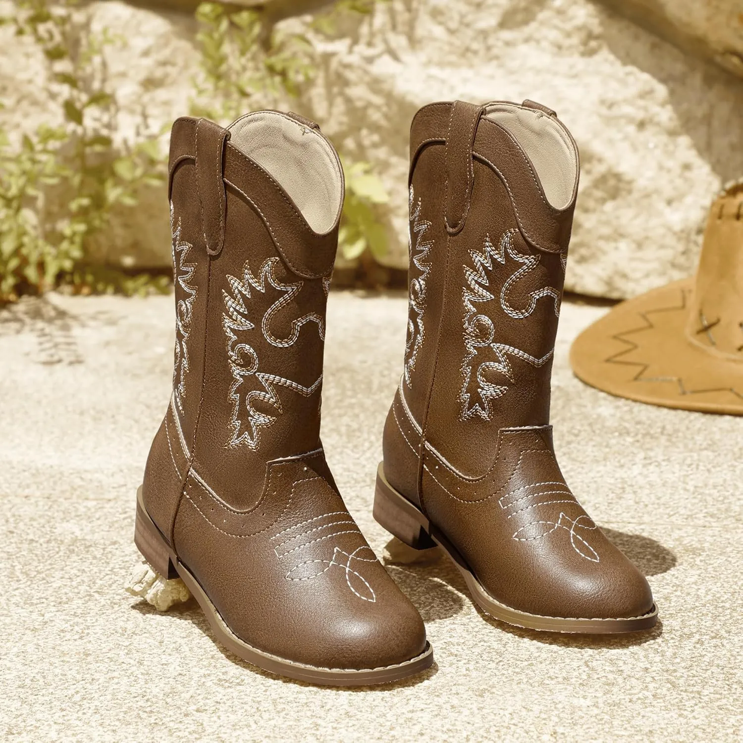 PANDANINJIA Girls Cowboy Boots for Boys Kids Toddler Western Cowgirl Boots Round Toe Mid Calf Riding Shoes Booties