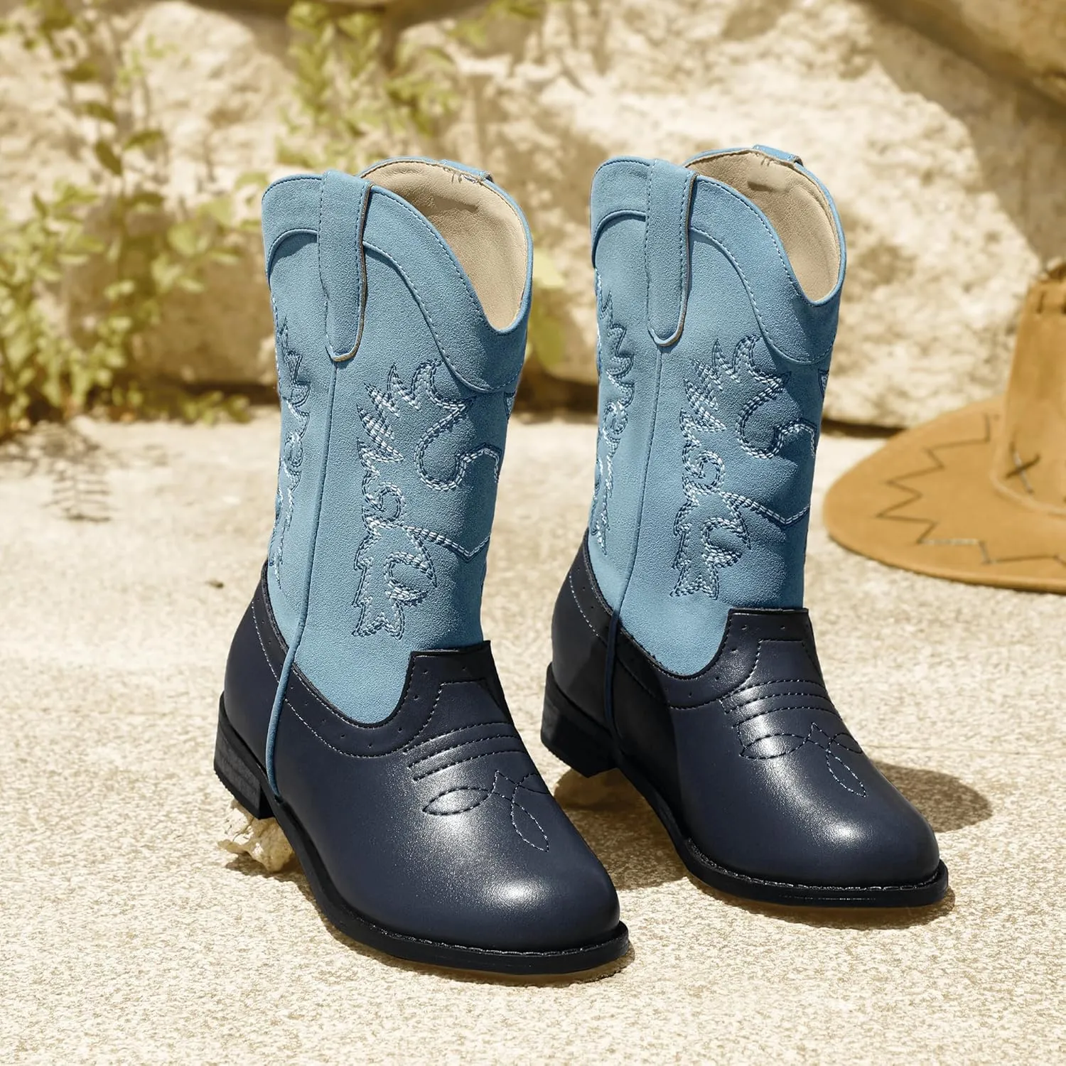 PANDANINJIA Girls Cowboy Boots for Boys Kids Toddler Western Cowgirl Boots Round Toe Mid Calf Riding Shoes Booties