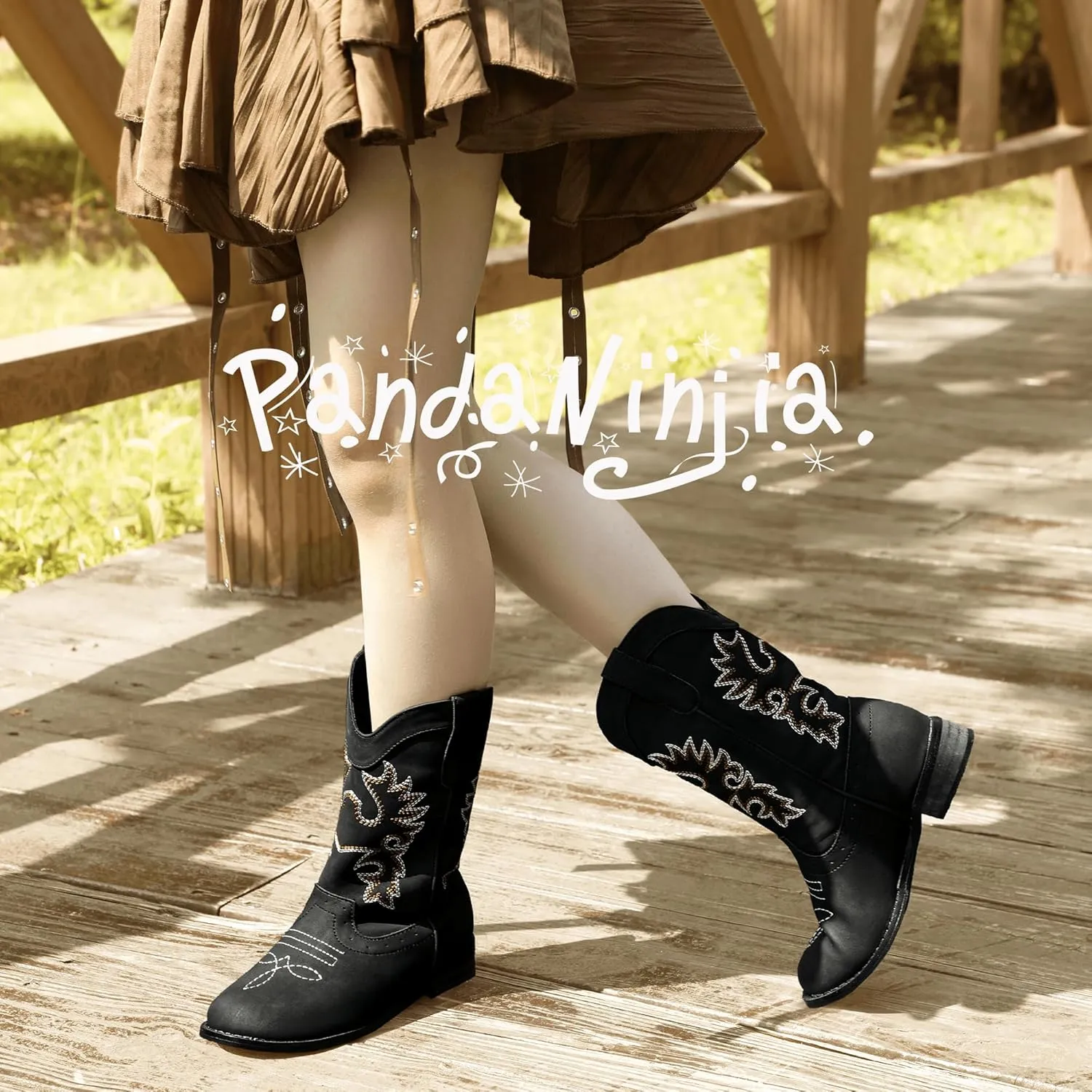 PANDANINJIA Girls Cowboy Boots for Boys Kids Toddler Western Cowgirl Boots Round Toe Mid Calf Riding Shoes Booties