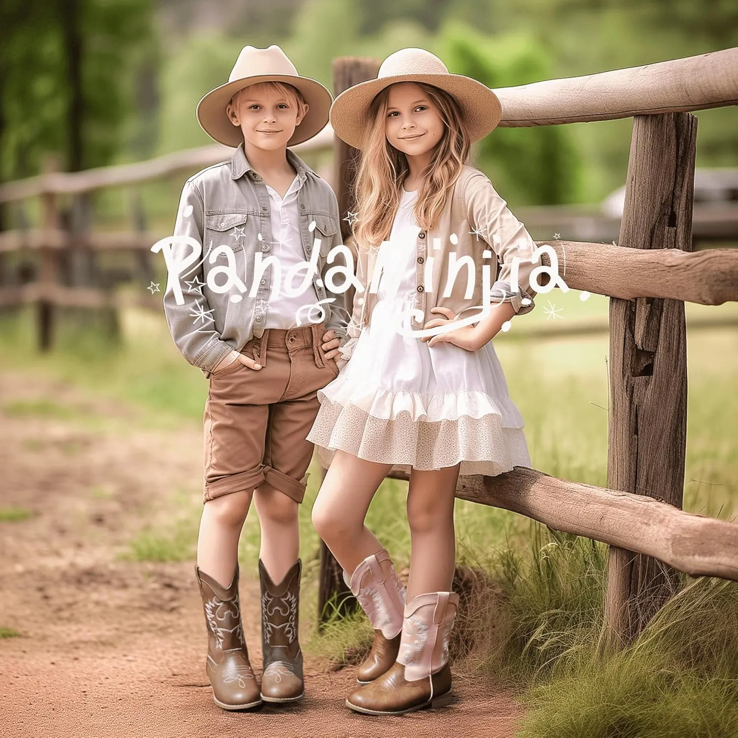 PANDANINJIA Girls Cowboy Boots for Boys Kids Toddler Western Cowgirl Boots Round Toe Mid Calf Riding Shoes Booties