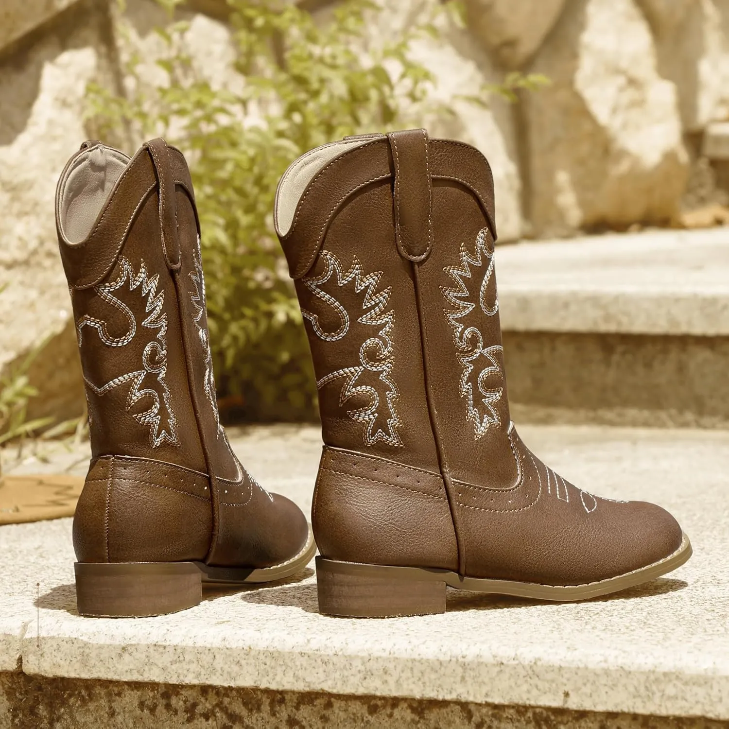 PANDANINJIA Girls Cowboy Boots for Boys Kids Toddler Western Cowgirl Boots Round Toe Mid Calf Riding Shoes Booties
