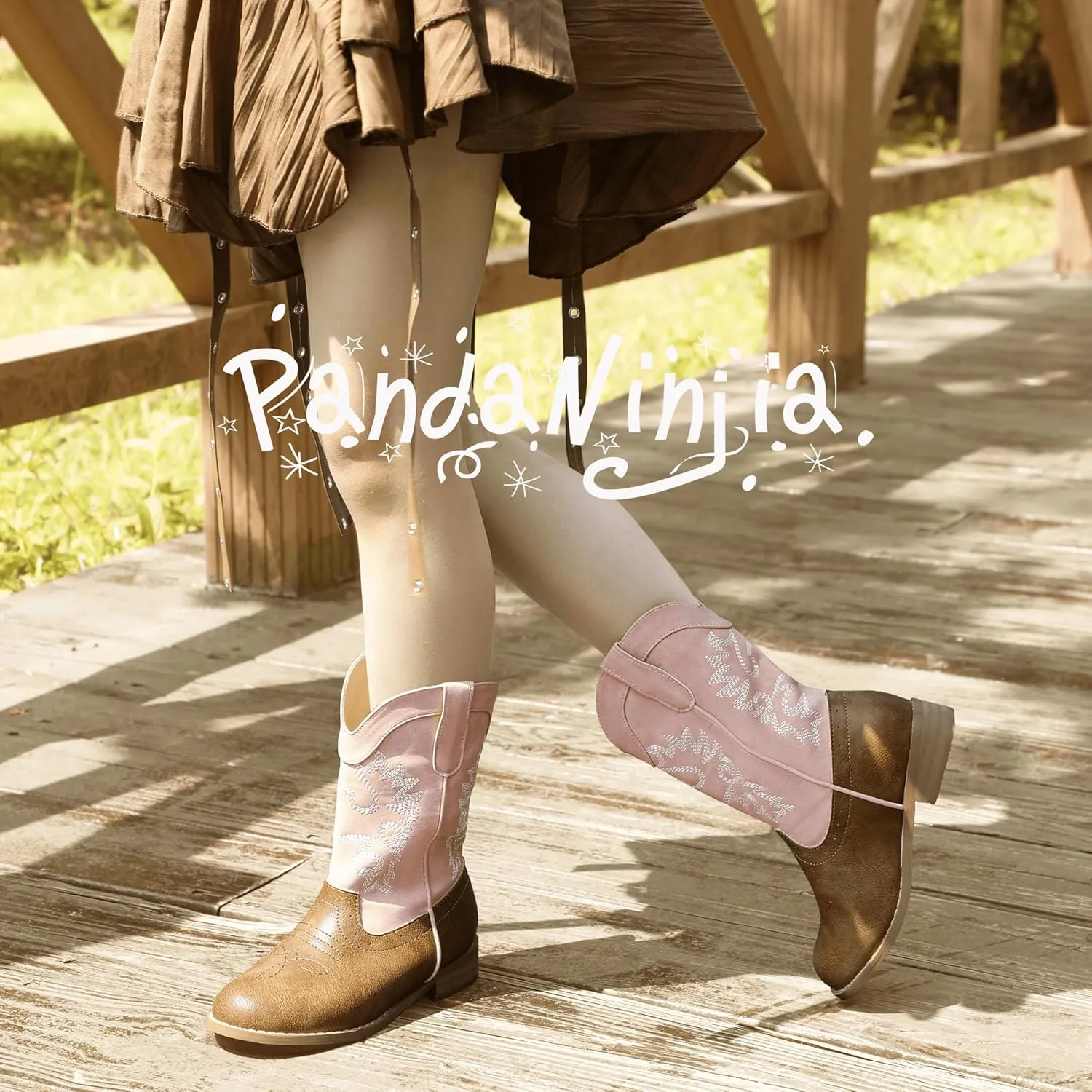 PANDANINJIA Girls Cowboy Boots for Boys Kids Toddler Western Cowgirl Boots Round Toe Mid Calf Riding Shoes Booties