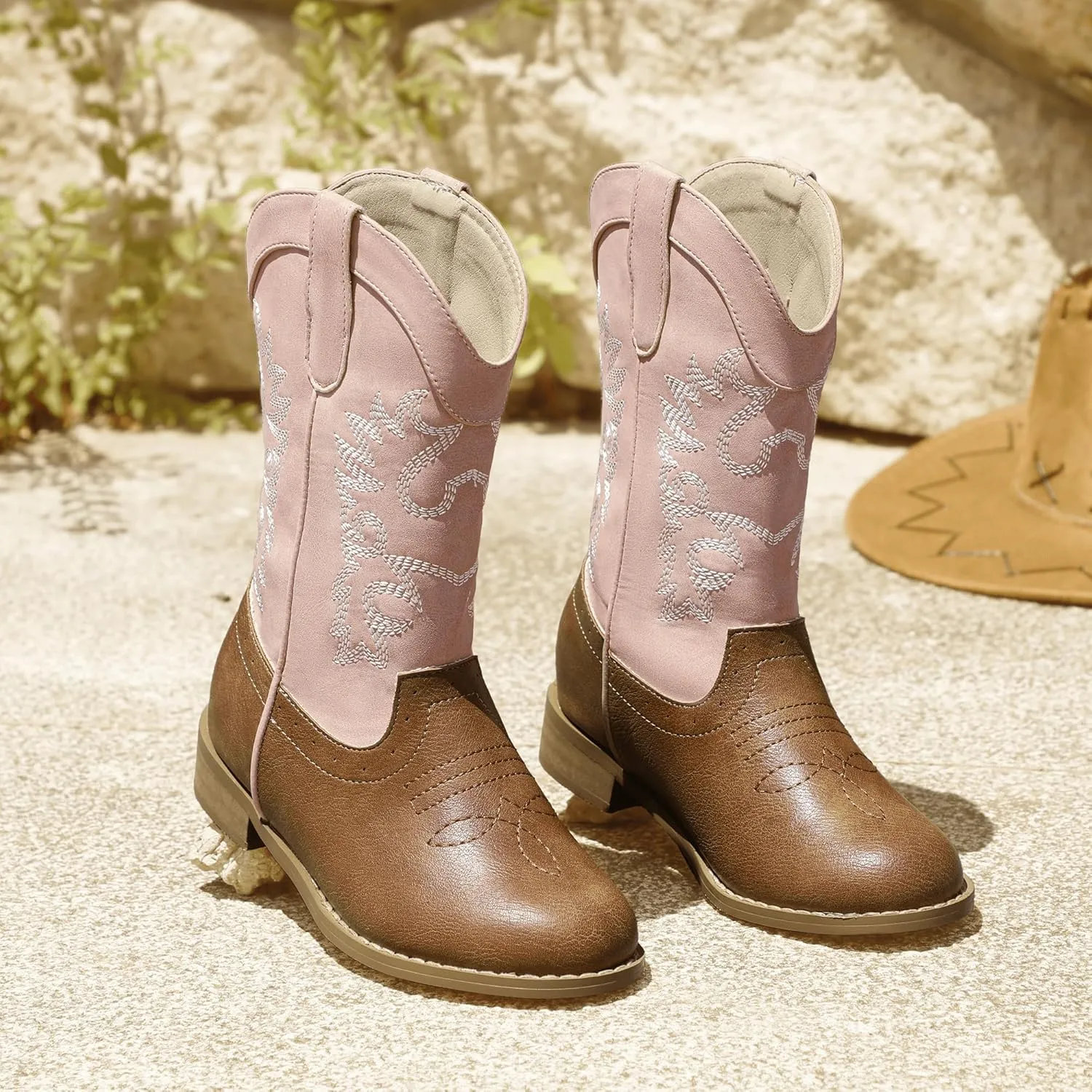 PANDANINJIA Girls Cowboy Boots for Boys Kids Toddler Western Cowgirl Boots Round Toe Mid Calf Riding Shoes Booties
