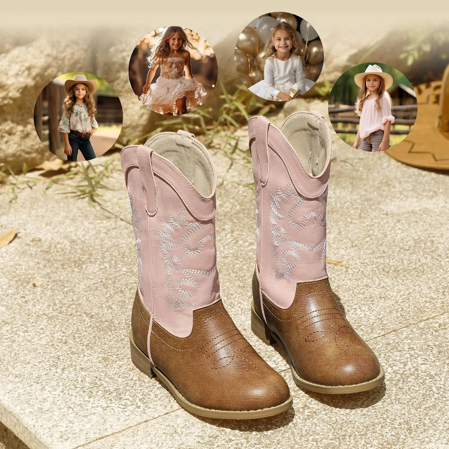 PANDANINJIA Girls Cowboy Boots for Boys Kids Toddler Western Cowgirl Boots Round Toe Mid Calf Riding Shoes Booties