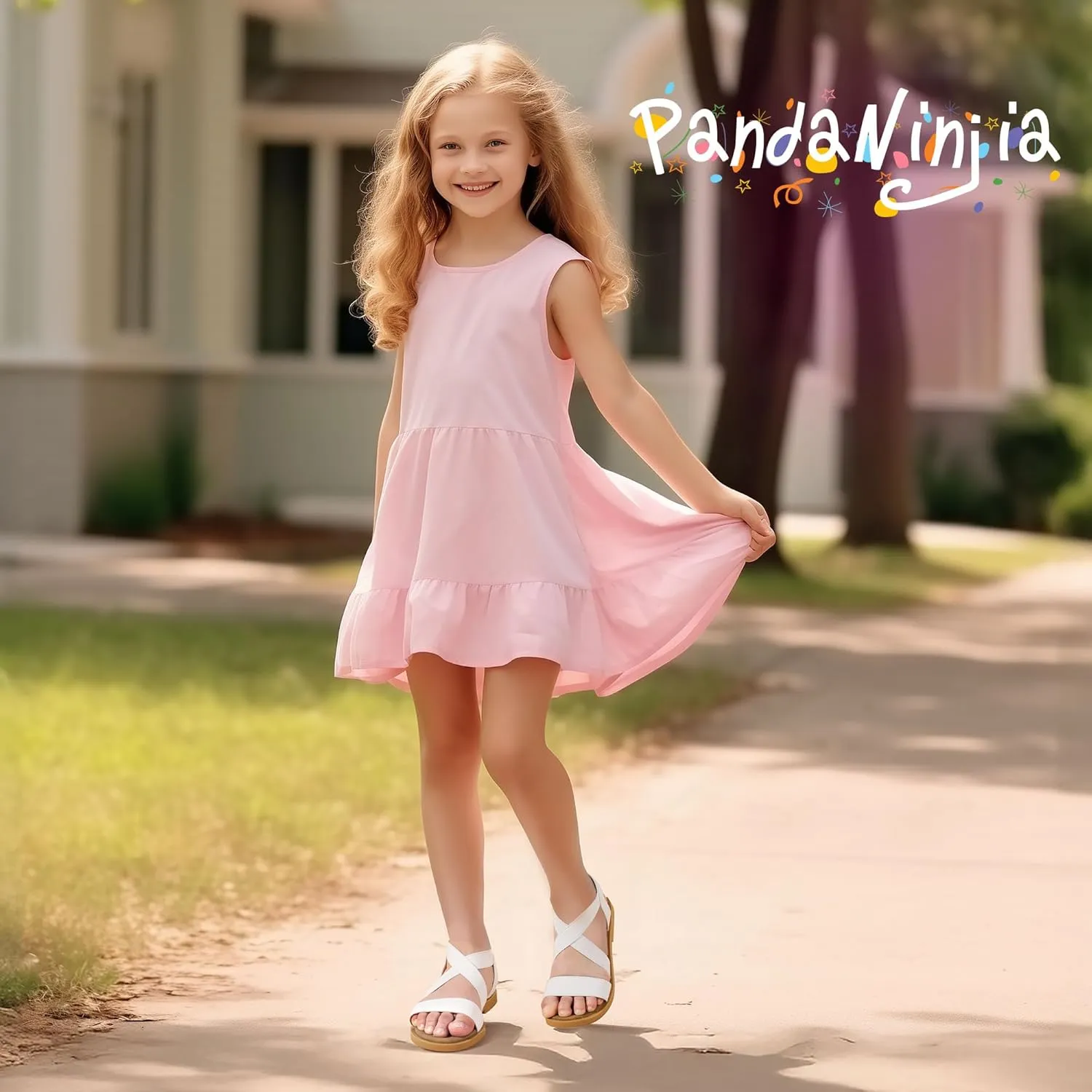 PANDANINJIA Girls Sandals Slip-on Elastic Ankle Cross Strappy Gladiator Dress Sandals Flats Summer Shoes Little Big Kids Sandals