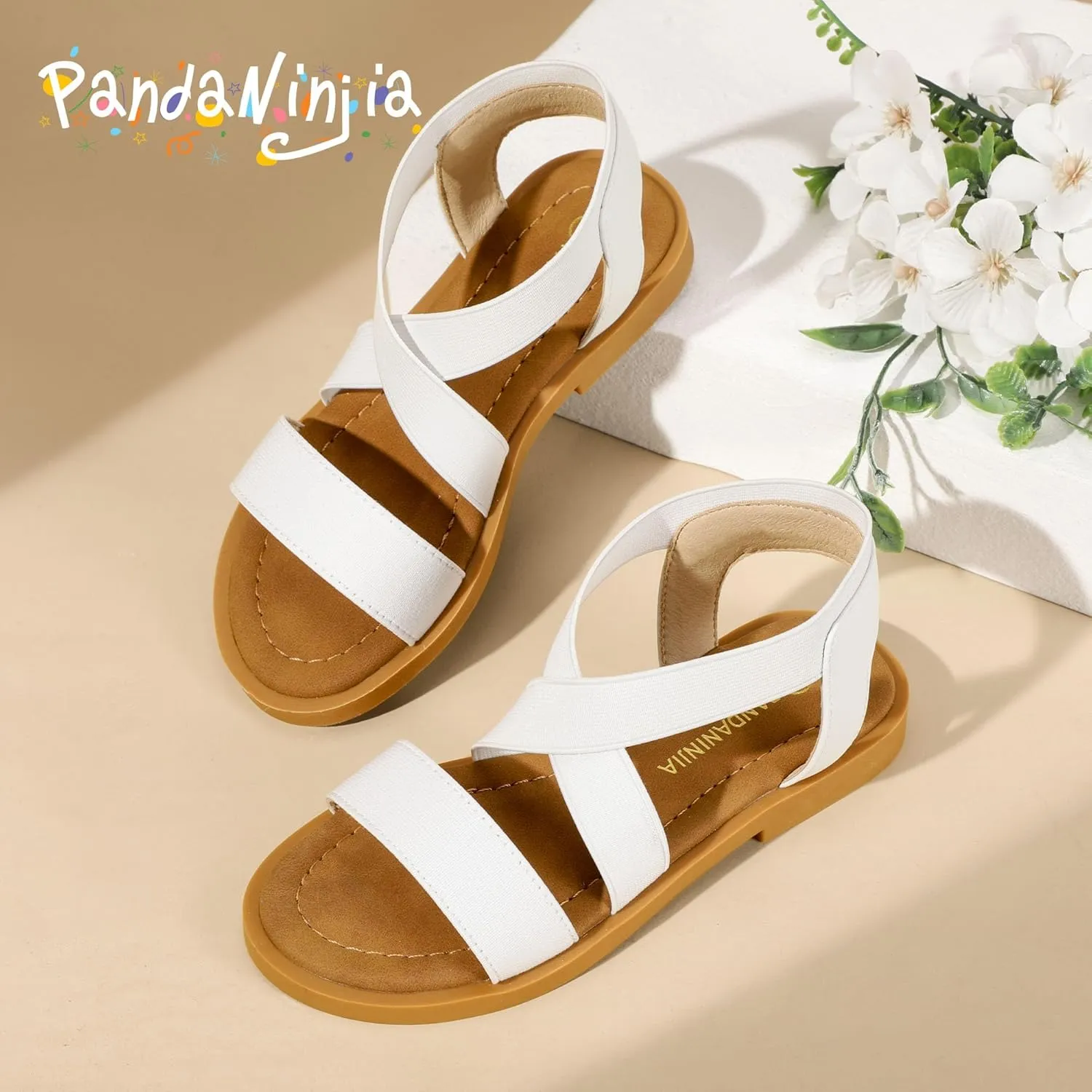 PANDANINJIA Girls Sandals Slip-on Elastic Ankle Cross Strappy Gladiator Dress Sandals Flats Summer Shoes Little Big Kids Sandals