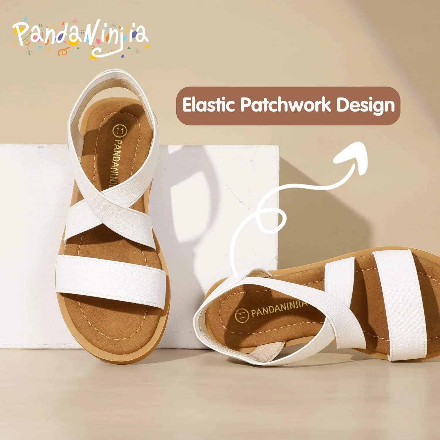 PANDANINJIA Girls Sandals Slip-on Elastic Ankle Cross Strappy Gladiator Dress Sandals Flats Summer Shoes Little Big Kids Sandals