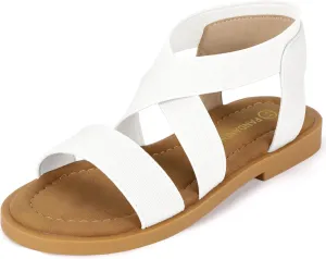 PANDANINJIA Girls Sandals Slip-on Elastic Ankle Cross Strappy Gladiator Dress Sandals Flats Summer Shoes Little Big Kids Sandals