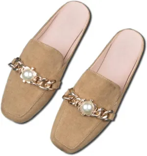 pearlzone Mules for Women Rhinestones Flats Slip on Closed Pointed Toe Loafers Slides Backless Metal Chain Shoes，Womens Rhinestones Mules Casual Shoes