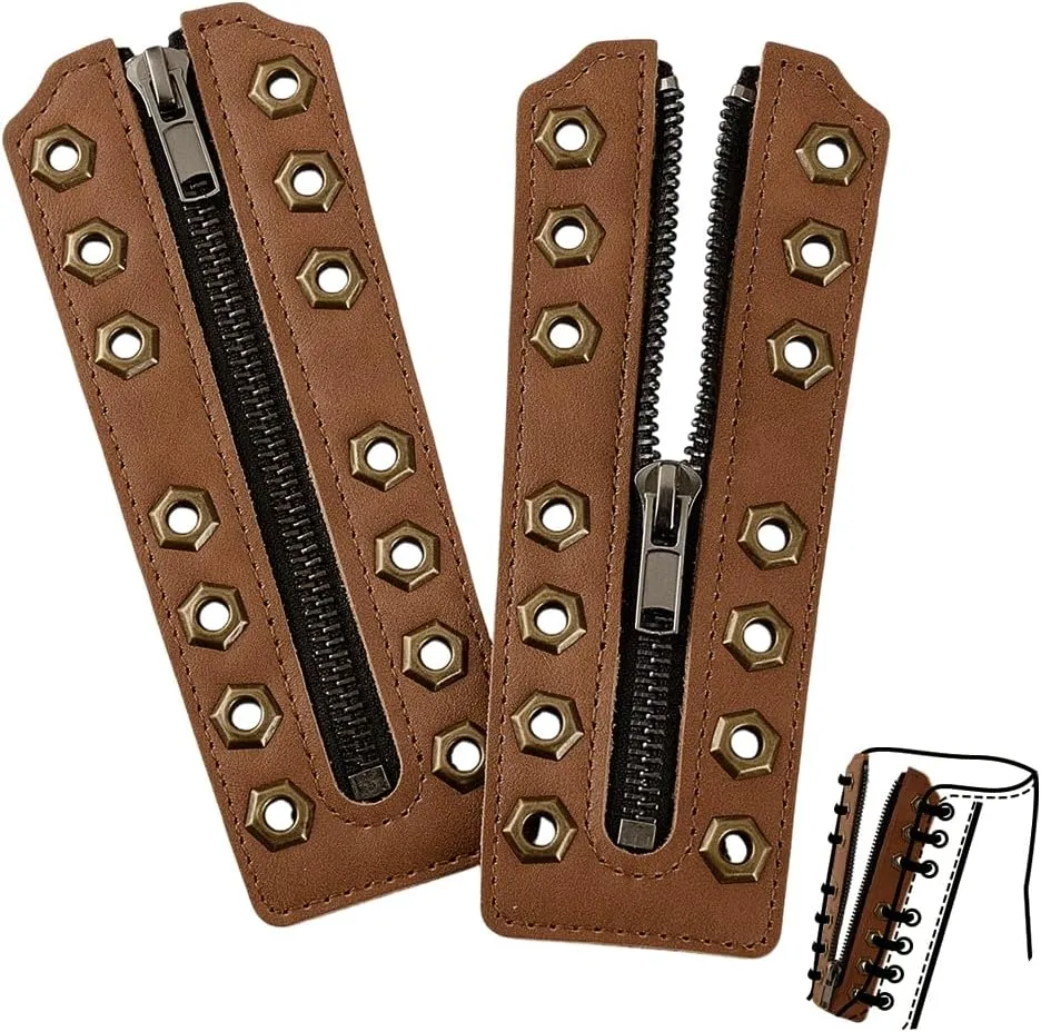 PH PandaHall 2pcs Leather Lace-In Boot Zipper Inserts 6.3x2.3 Inch 7 Metal Eyelets Cowhide Shoe Laces Zippers Tieless Shoe Laces for Adults No-Tie Shoelaces, Camel