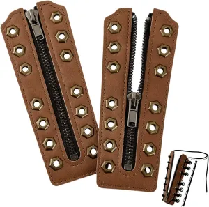 PH PandaHall 2pcs Leather Lace-In Boot Zipper Inserts 6.3x2.3 Inch 7 Metal Eyelets Cowhide Shoe Laces Zippers Tieless Shoe Laces for Adults No-Tie Shoelaces, Camel