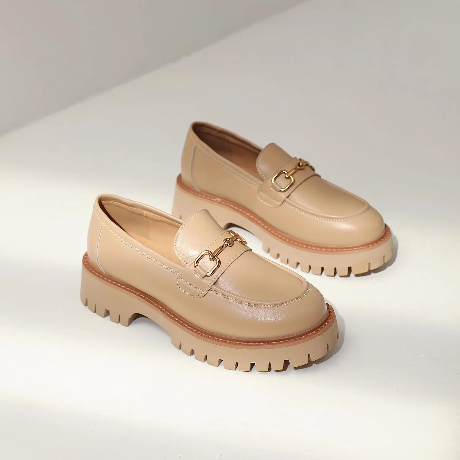 Platform Loafers for Women Chunky Heel Lug Sole Loafers Slip ons Round Toe