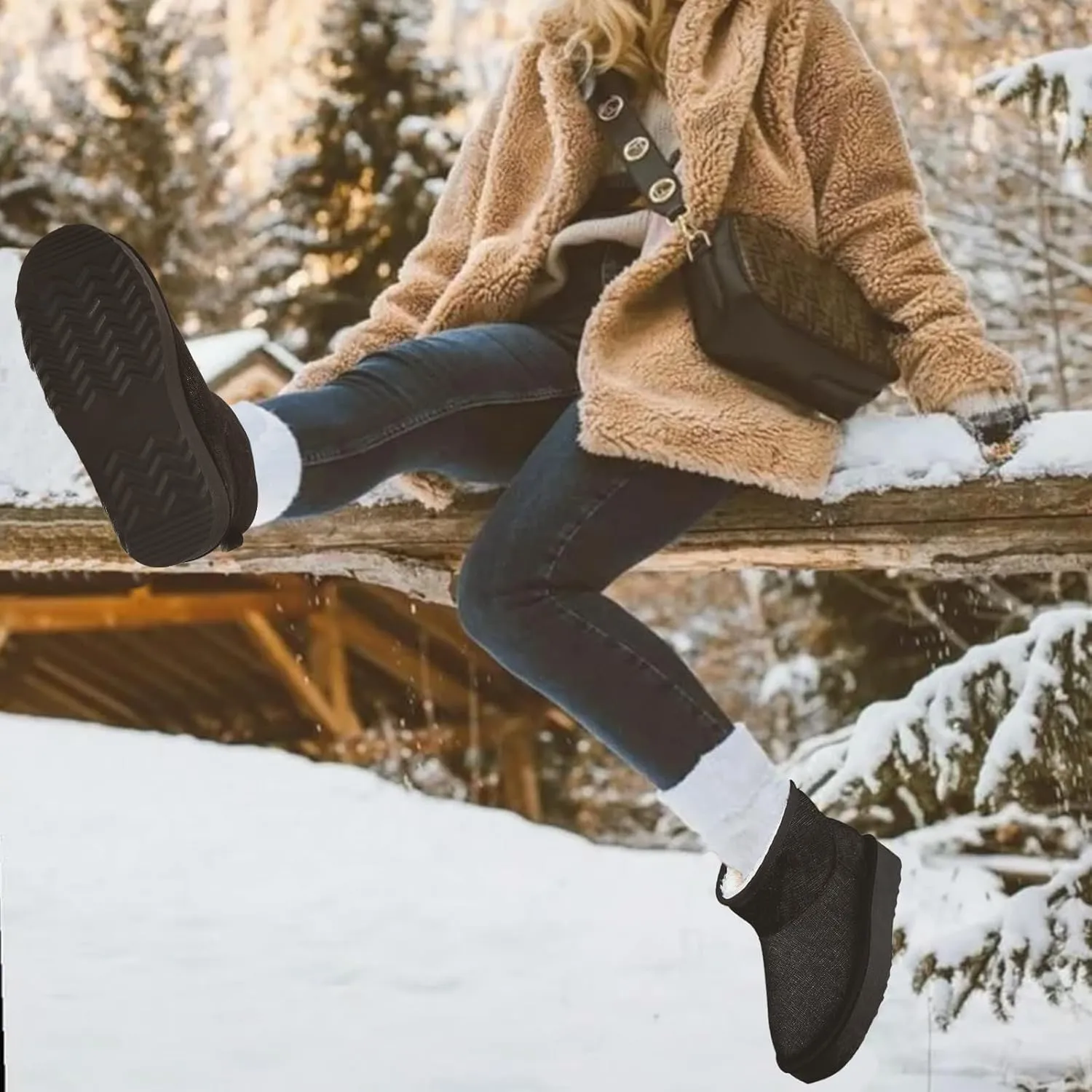 Platform Mini Boots for Women Genuine Suede Leather Anti-Slip Mini Platform Boots Lightweight Warm Snow Boots