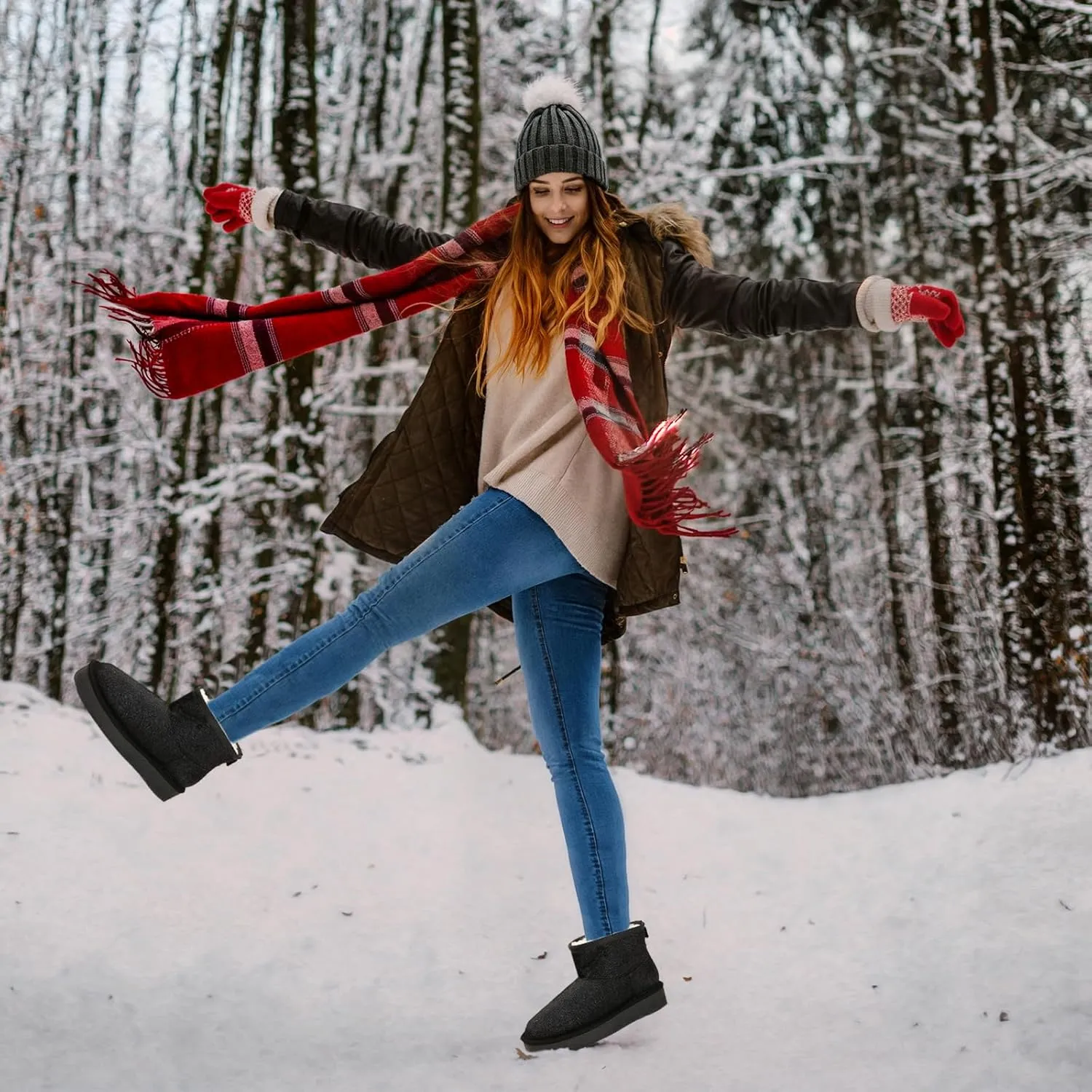 Platform Mini Boots for Women Genuine Suede Leather Anti-Slip Mini Platform Boots Lightweight Warm Snow Boots