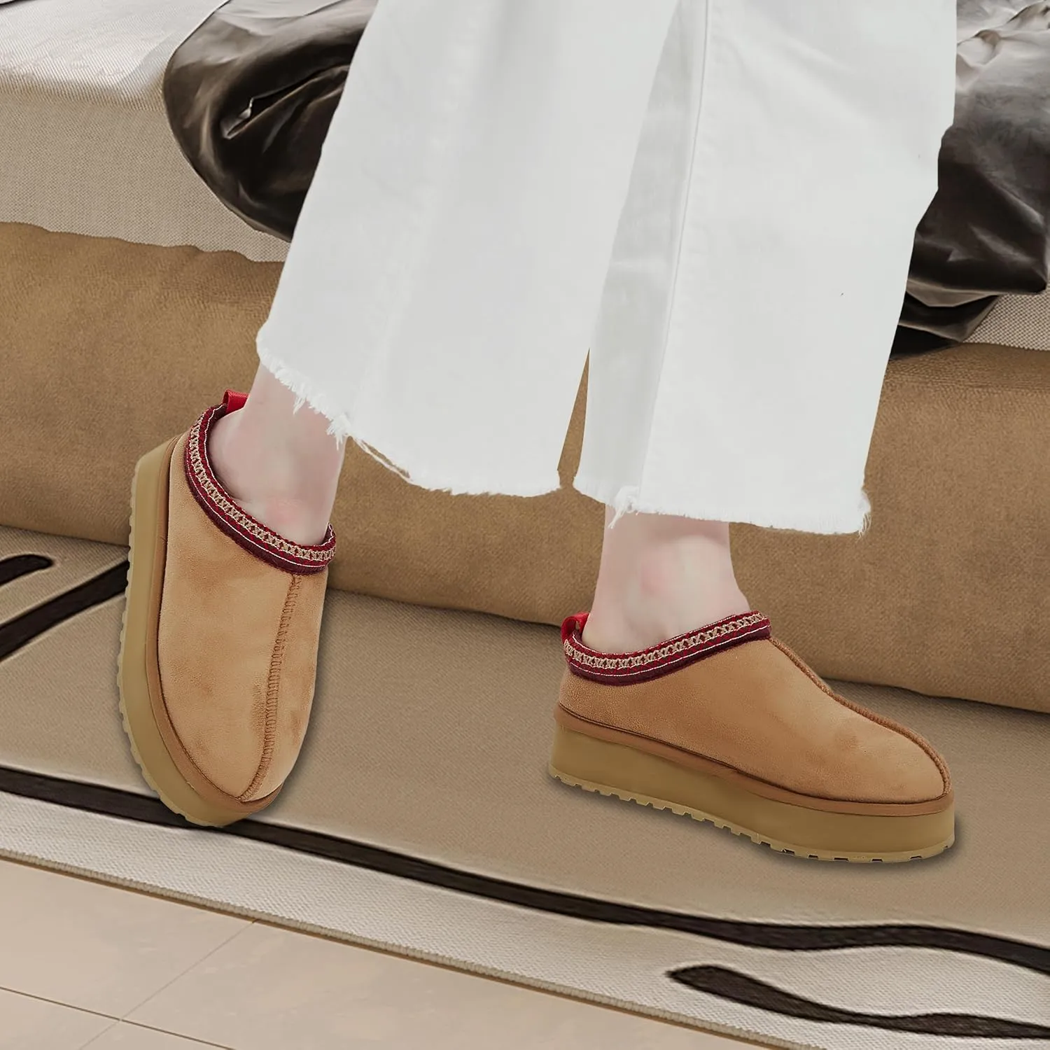 Platform Slippers, Mini Boots for Women Indoor Outdoor Anti-slip Slippers Womens Warm Fleece Lining Suede Leather Ankle Boots Slip On Hoese Shoes