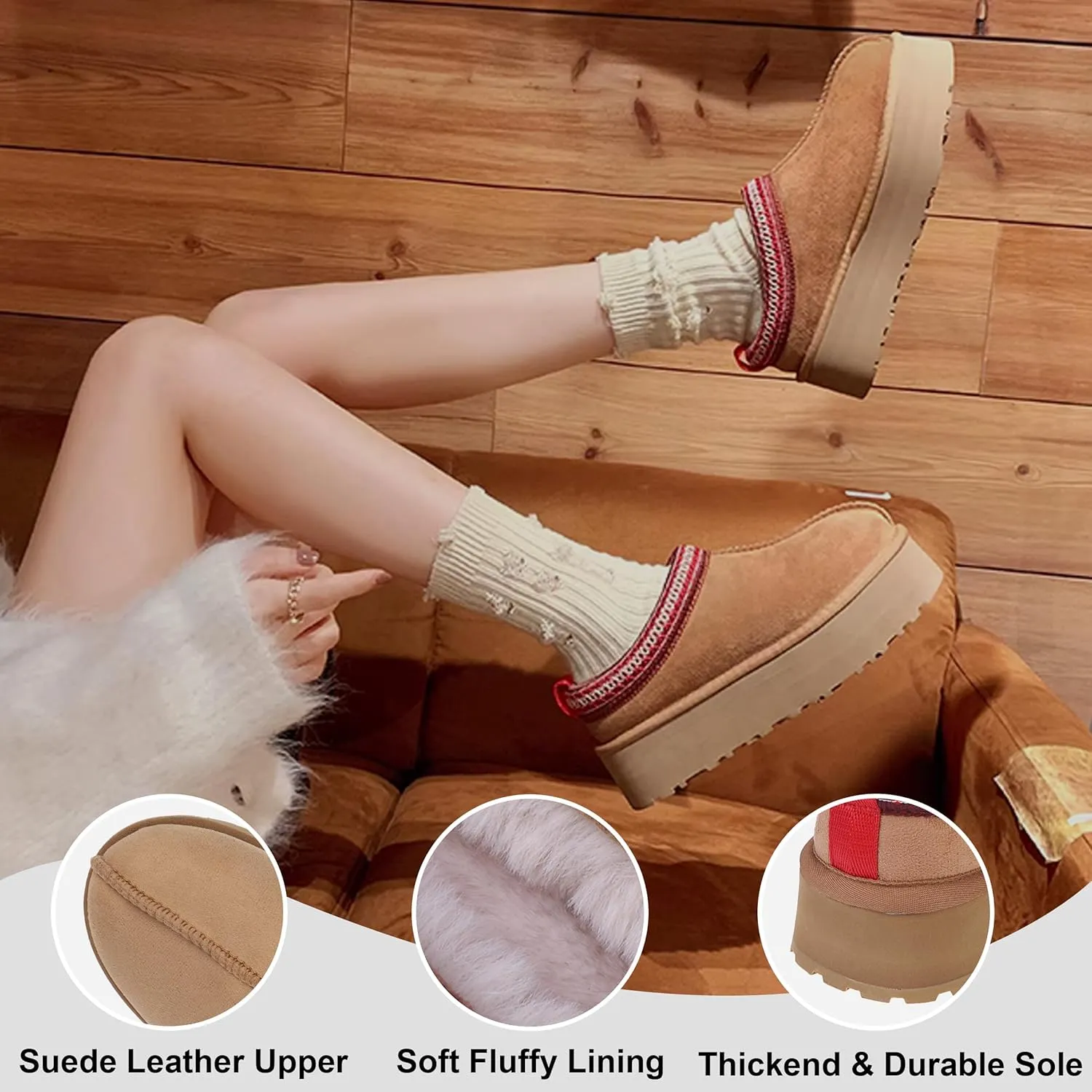 Platform Slippers, Mini Boots for Women Indoor Outdoor Anti-slip Slippers Womens Warm Fleece Lining Suede Leather Ankle Boots Slip On Hoese Shoes