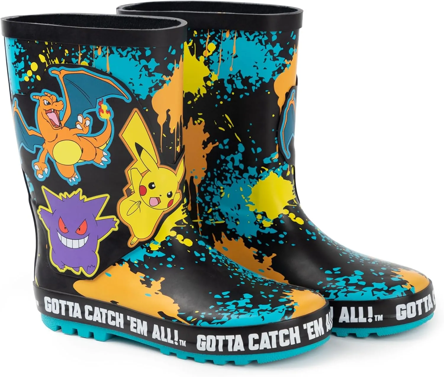 Pokemon Boys Wellington Boots | Kids Wellys with Pikachu, Gengar & Charizard Character Print in Black