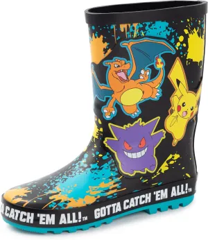 Pokemon Boys Wellington Boots | Kids Wellys with Pikachu, Gengar & Charizard Character Print in Black