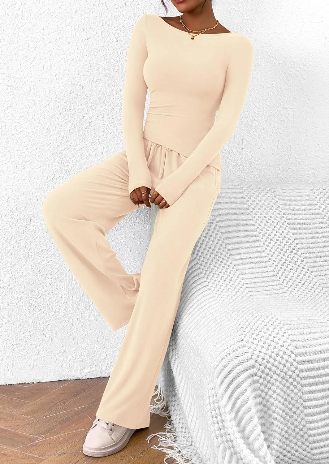 PRETTYGARDEN Women's 2 Piece Lounge Sets Asymmetrical Long Sleeve T Shirt Wide Leg Pants Casual Outfits Tracksuit