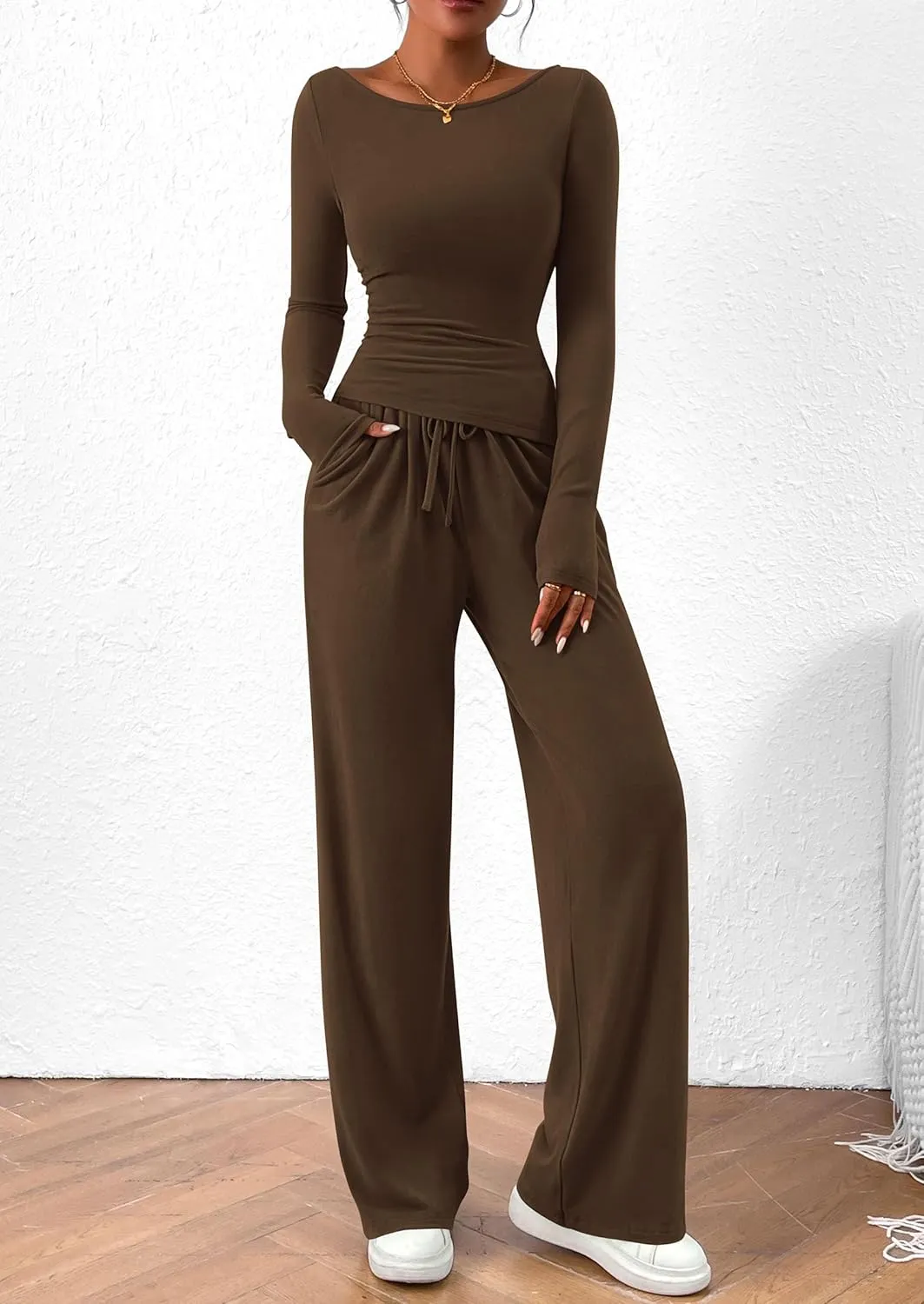 PRETTYGARDEN Women's 2 Piece Lounge Sets Asymmetrical Long Sleeve T Shirt Wide Leg Pants Casual Outfits Tracksuit