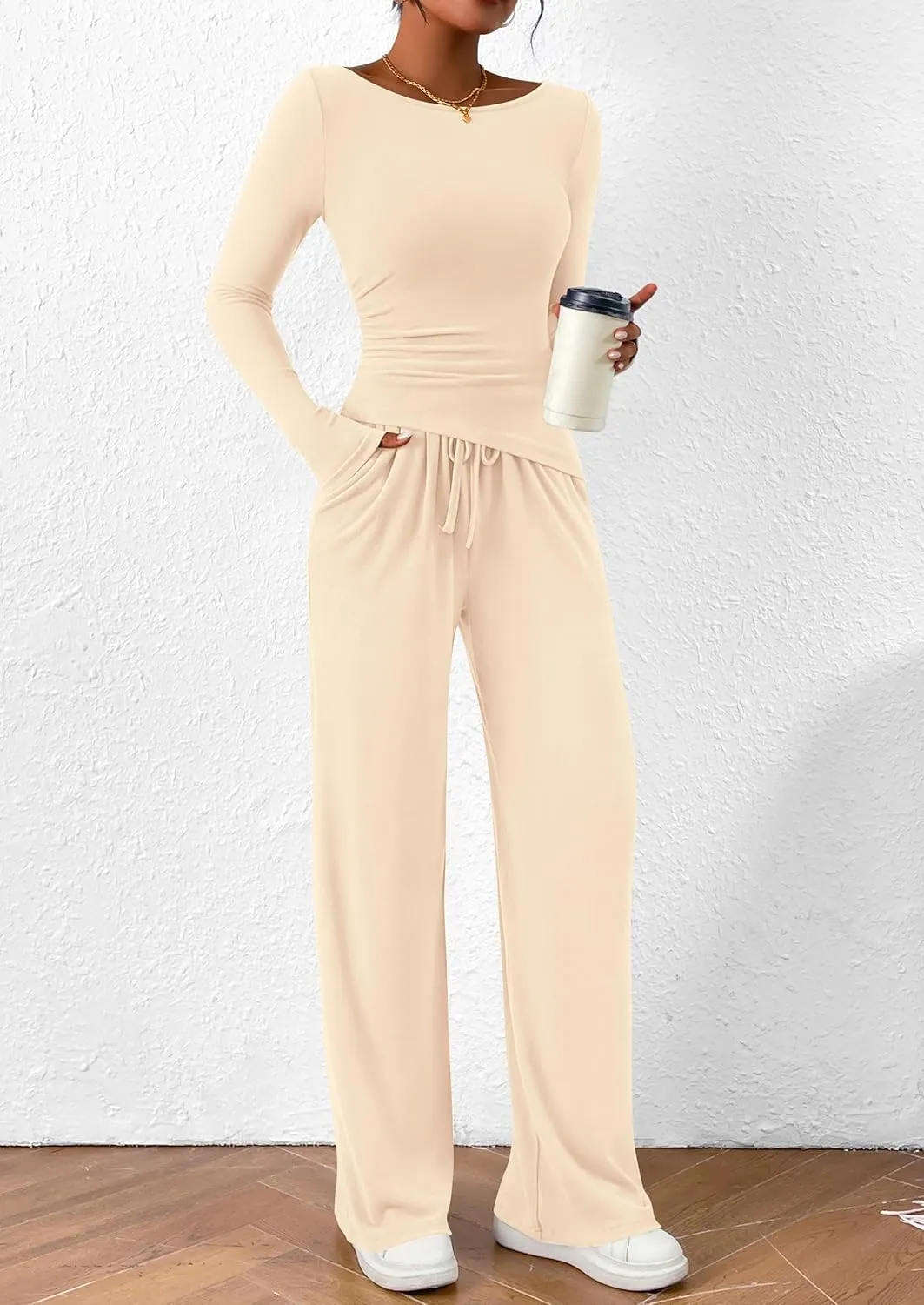 PRETTYGARDEN Women's 2 Piece Lounge Sets Asymmetrical Long Sleeve T Shirt Wide Leg Pants Casual Outfits Tracksuit