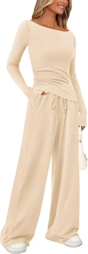 PRETTYGARDEN Women's 2 Piece Lounge Sets Asymmetrical Long Sleeve T Shirt Wide Leg Pants Casual Outfits Tracksuit