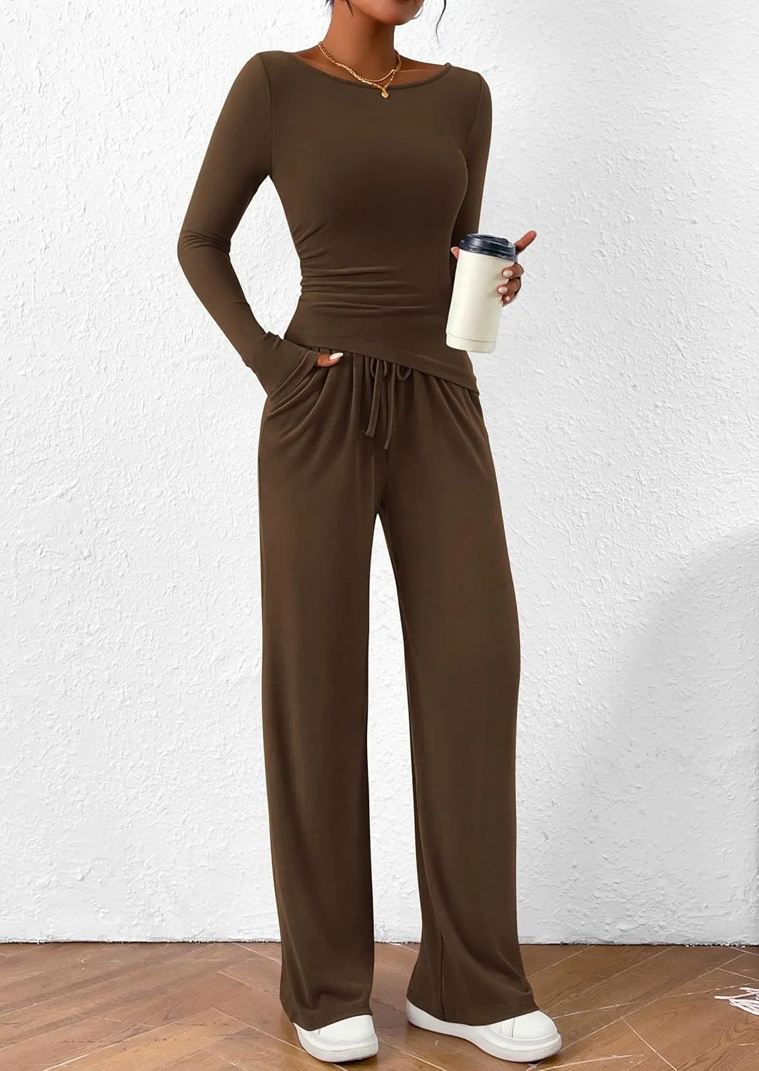 PRETTYGARDEN Women's 2 Piece Lounge Sets Asymmetrical Long Sleeve T Shirt Wide Leg Pants Casual Outfits Tracksuit