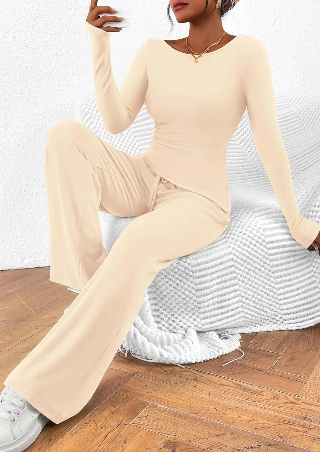 PRETTYGARDEN Women's 2 Piece Lounge Sets Asymmetrical Long Sleeve T Shirt Wide Leg Pants Casual Outfits Tracksuit