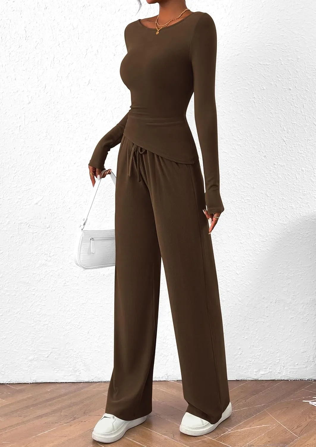 PRETTYGARDEN Women's 2 Piece Lounge Sets Asymmetrical Long Sleeve T Shirt Wide Leg Pants Casual Outfits Tracksuit