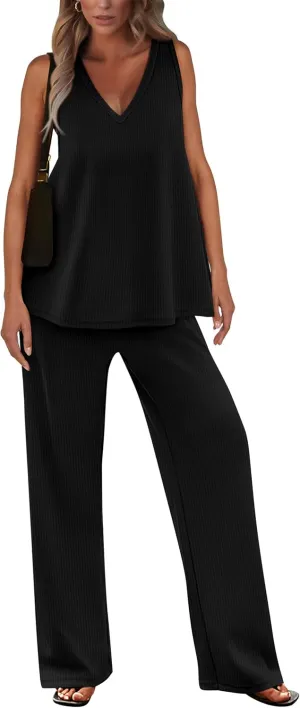 PRETTYGARDEN Women's 2 Piece Summer Tracksuits Sleeveless V Neck Tank Top Wide Leg Pants Casual Knit Outfit Sets