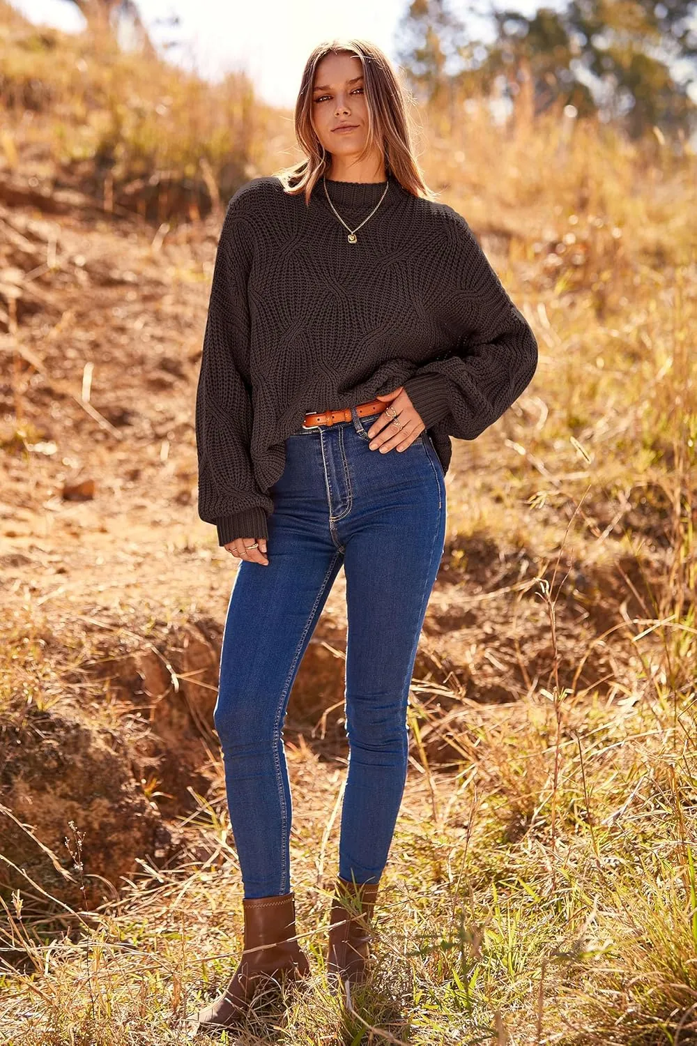 PRETTYGARDEN Women's Fall Oversized Pullover Sweaters Casual Crewneck Long Sleeve Chunky Cable Knit Blouse Top