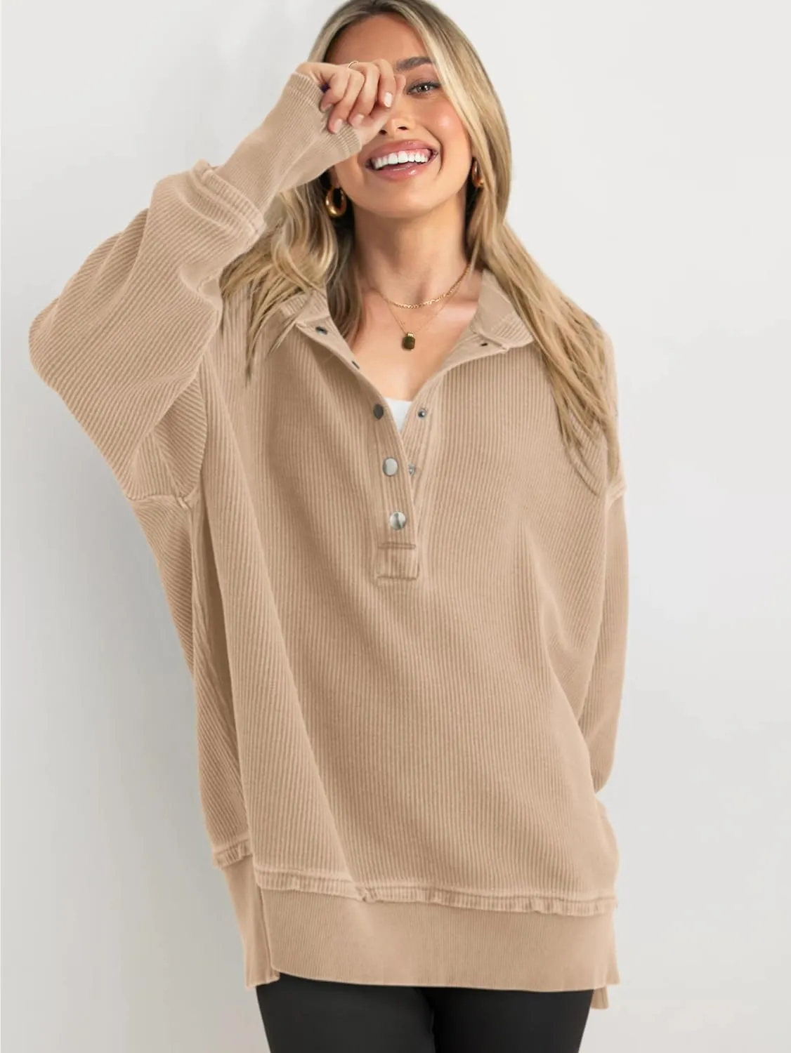 PRETTYGARDEN Womens Fashion 2025 Long Sleeve Hoodie Oversized Button Up V Neck Sweatshirt Side Slit Casual Pullover Tops