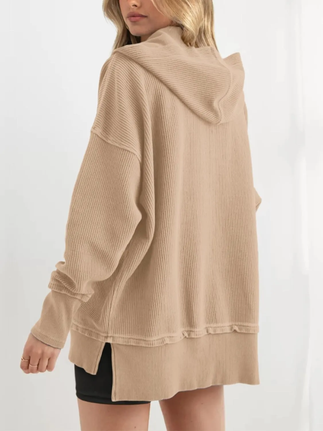 PRETTYGARDEN Womens Fashion 2025 Long Sleeve Hoodie Oversized Button Up V Neck Sweatshirt Side Slit Casual Pullover Tops