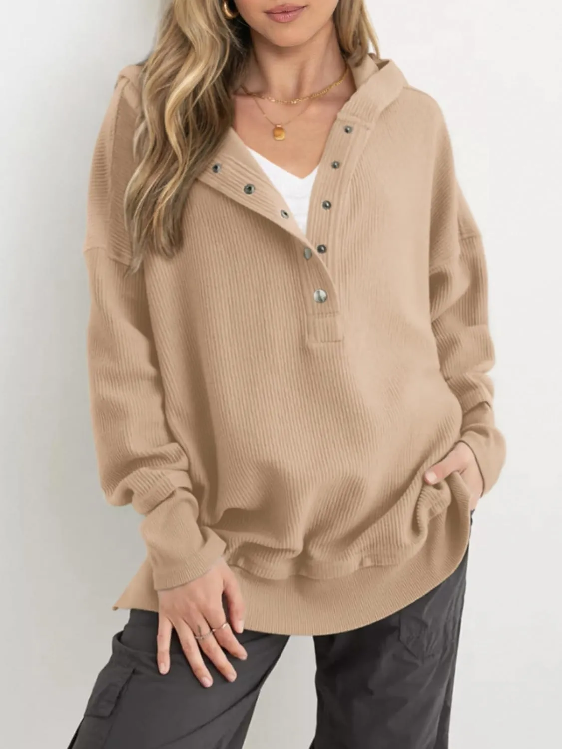 PRETTYGARDEN Womens Fashion 2025 Long Sleeve Hoodie Oversized Button Up V Neck Sweatshirt Side Slit Casual Pullover Tops
