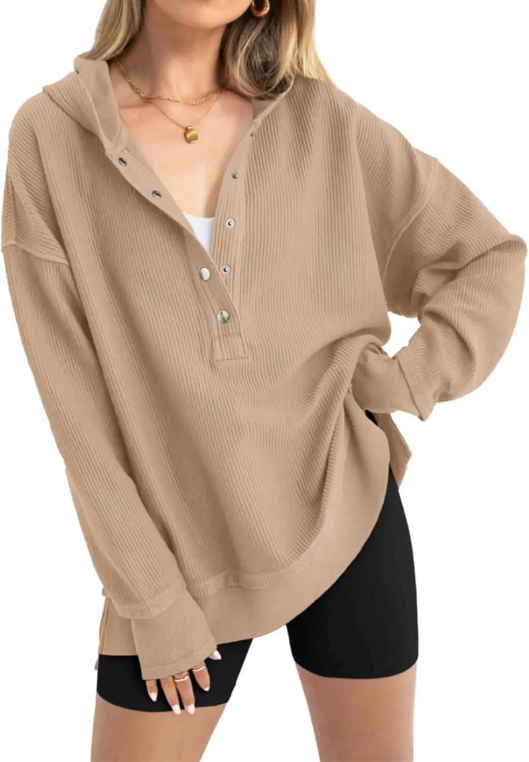 PRETTYGARDEN Womens Fashion 2025 Long Sleeve Hoodie Oversized Button Up V Neck Sweatshirt Side Slit Casual Pullover Tops
