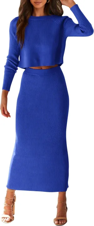 PRETTYGARDEN Women's Spring Fall 2 Piece Sweater Set Rib Knit Long Sleeve Crop Top Maxi Bodycon Skirt Casual Winter Outfits
